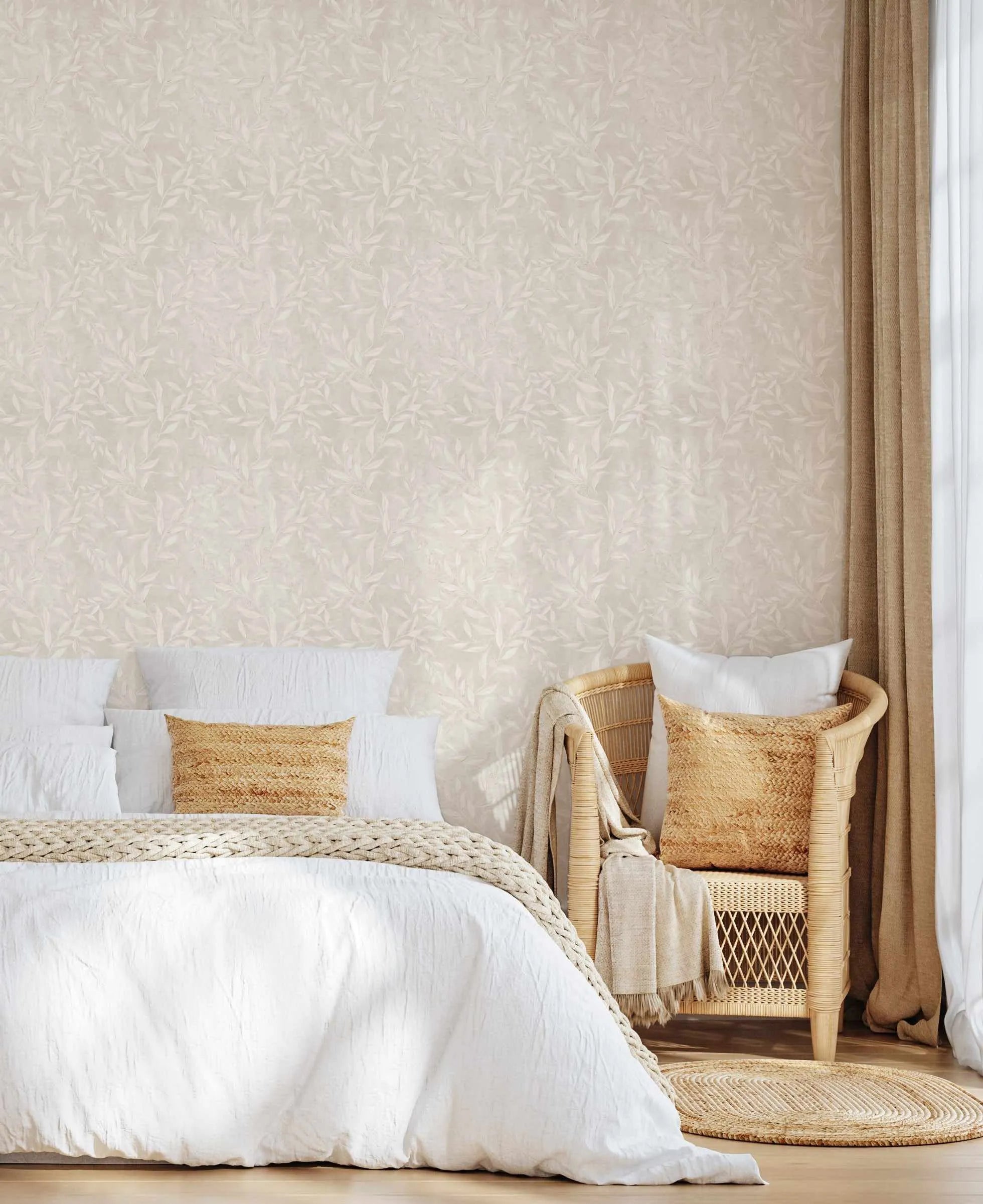 Olive Leaf Wallpaper in Sand as seen in Rachel & Ryan ‘Holiday Home Makeover’ from Olive et Oriel where you can shop wallpaper and artworks online