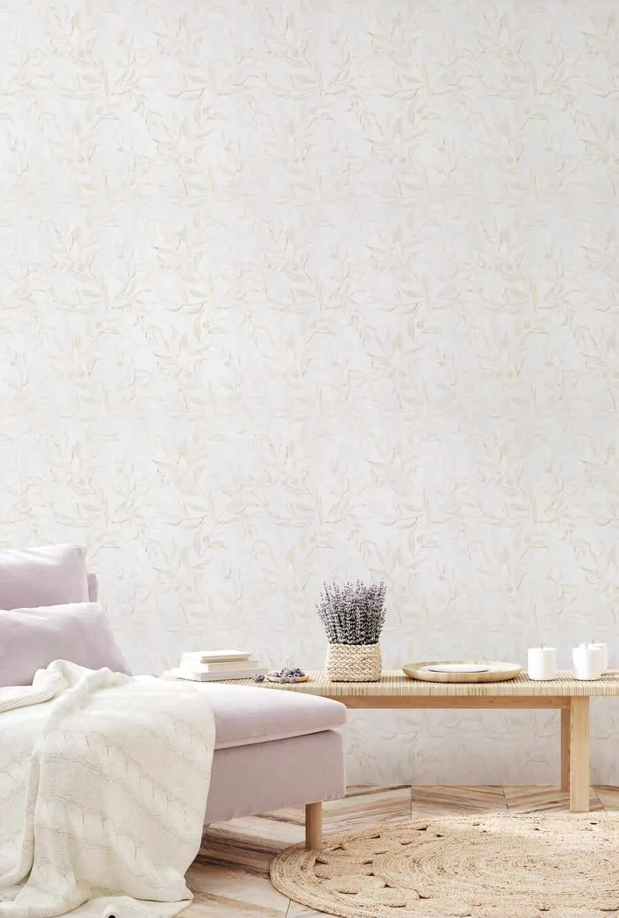 Olive Leaf Wallpaper in Dove Grey from Olive et Oriel where you can shop wallpaper and artworks online