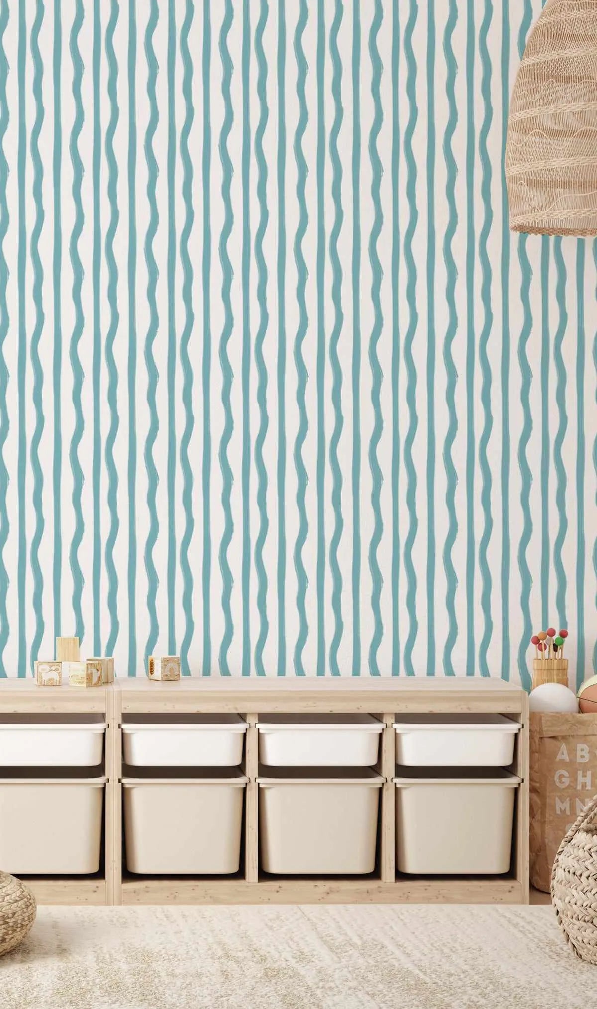 Mixed Stripe Wallpaper in Ocean from Olive et Oriel where you can shop wallpaper and artworks online