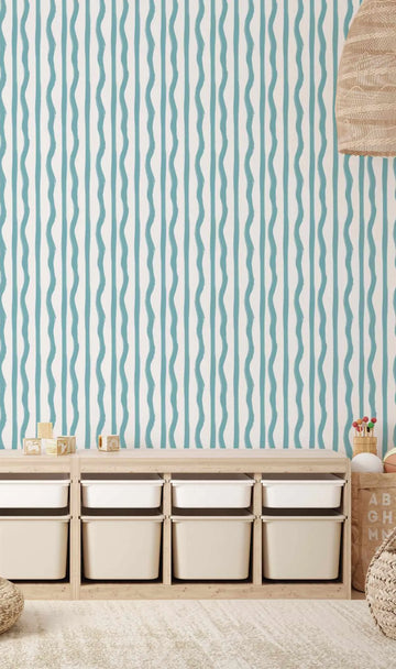 Mixed Stripe Wallpaper in Ocean from Olive et Oriel where you can shop wallpaper and artworks online