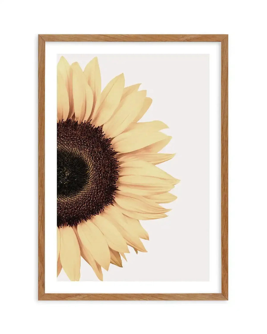 Framed photography art print featuring a close-up of a sunflower, cropped to show the left half of the bloom with bright yellow petals and a dark brown seed head, displayed in a natural oak frame with white border.