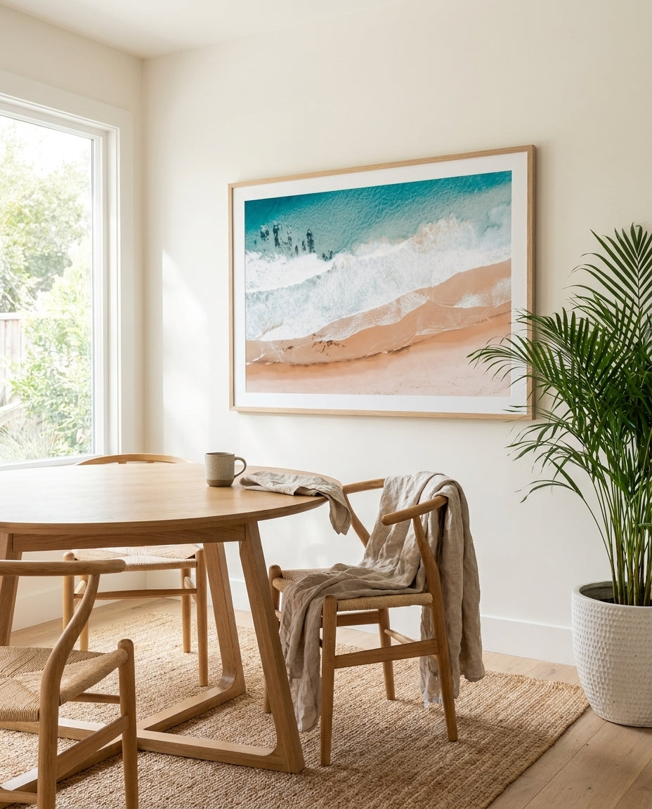 Sunkissed Sands framed photographic art print by Art of Flight Co styled extra large in a coastal Australian living space at Olive et Oriel