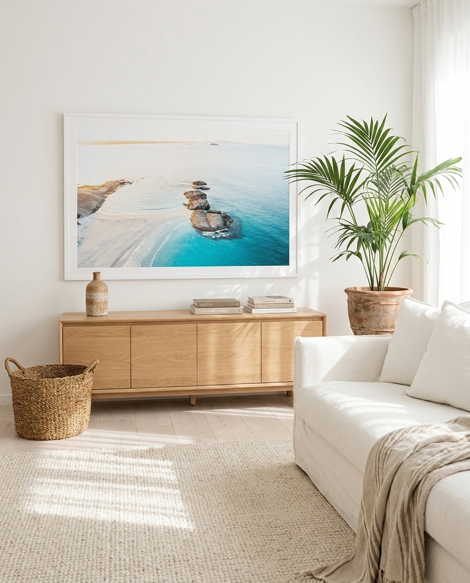 Sunrise over Wylie Bay, Esperance framed photographic art print by Art of Flight Co styled extra large in a coastal Australian living space at Olive et Oriel