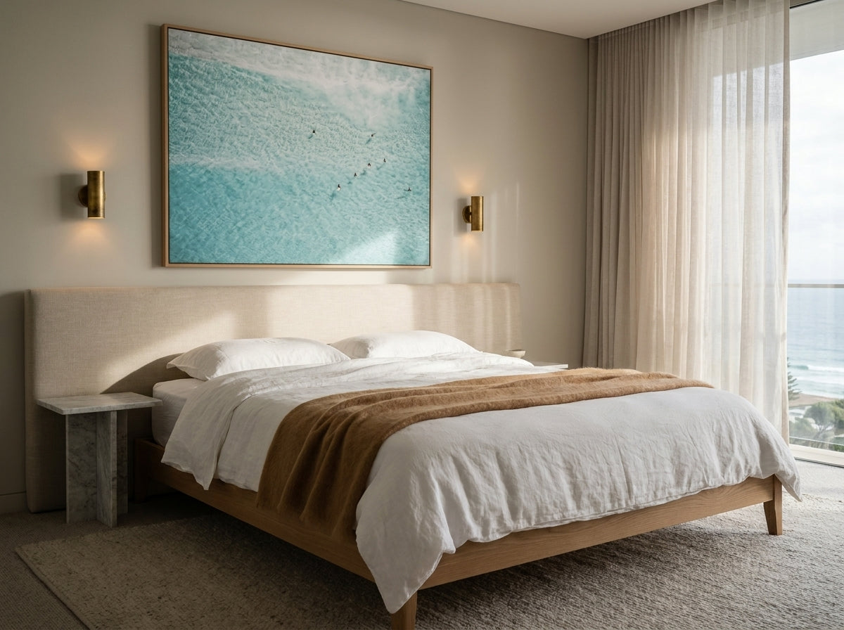 Azure Waters, Bondi Sydney Bondi canvas wall art in a solid timber canvas float frame with oak finish styled in a coastal Australian home at Olive et Oriel
