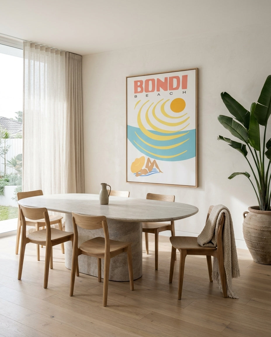 Bondi Beach Baking Sydney Bondi canvas wall art in a solid timber canvas float frame with oak finish styled in a coastal Australian home at Olive et Oriel