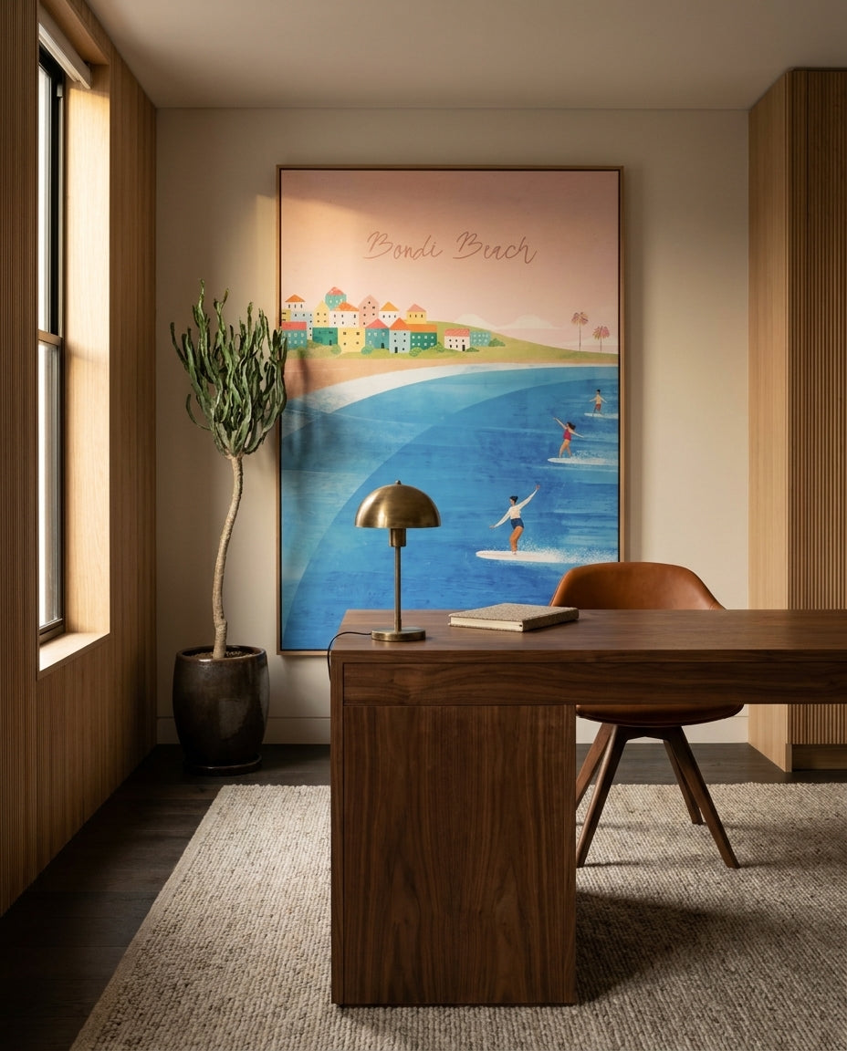 Bondi Beach by Henry Rivers Sydney Bondi canvas wall art in a solid timber canvas float frame with oak finish styled in a coastal Australian home at Olive et Oriel