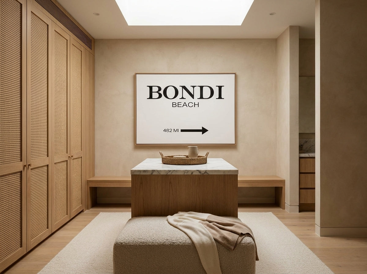 Bondi Beach Sydney Bondi canvas wall art in a solid timber canvas float frame with oak finish styled in a coastal Australian home at Olive et Oriel