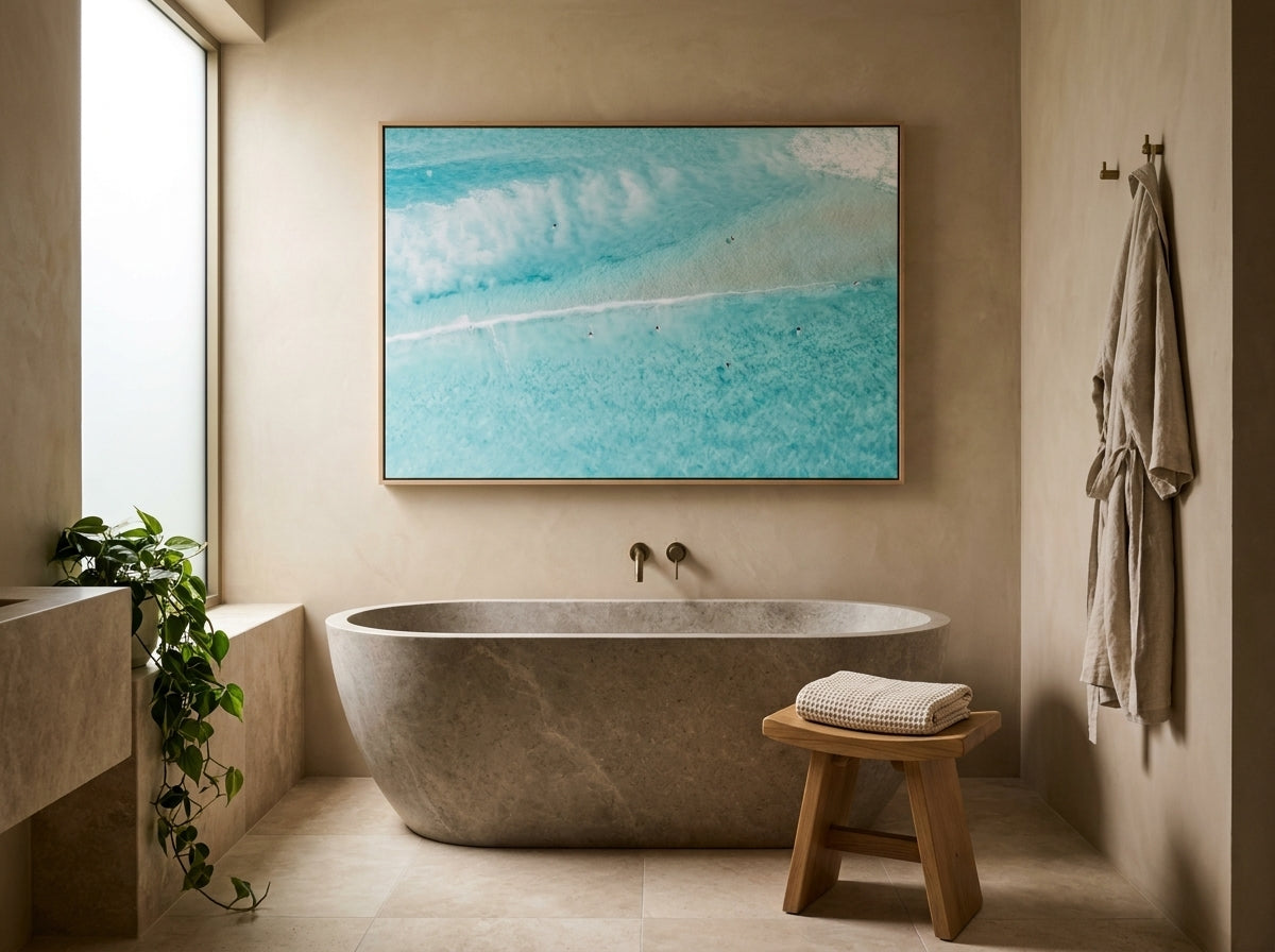 Bondi Bliss Sydney Bondi canvas wall art in a solid timber canvas float frame with oak finish styled in a coastal Australian home at Olive et Oriel
