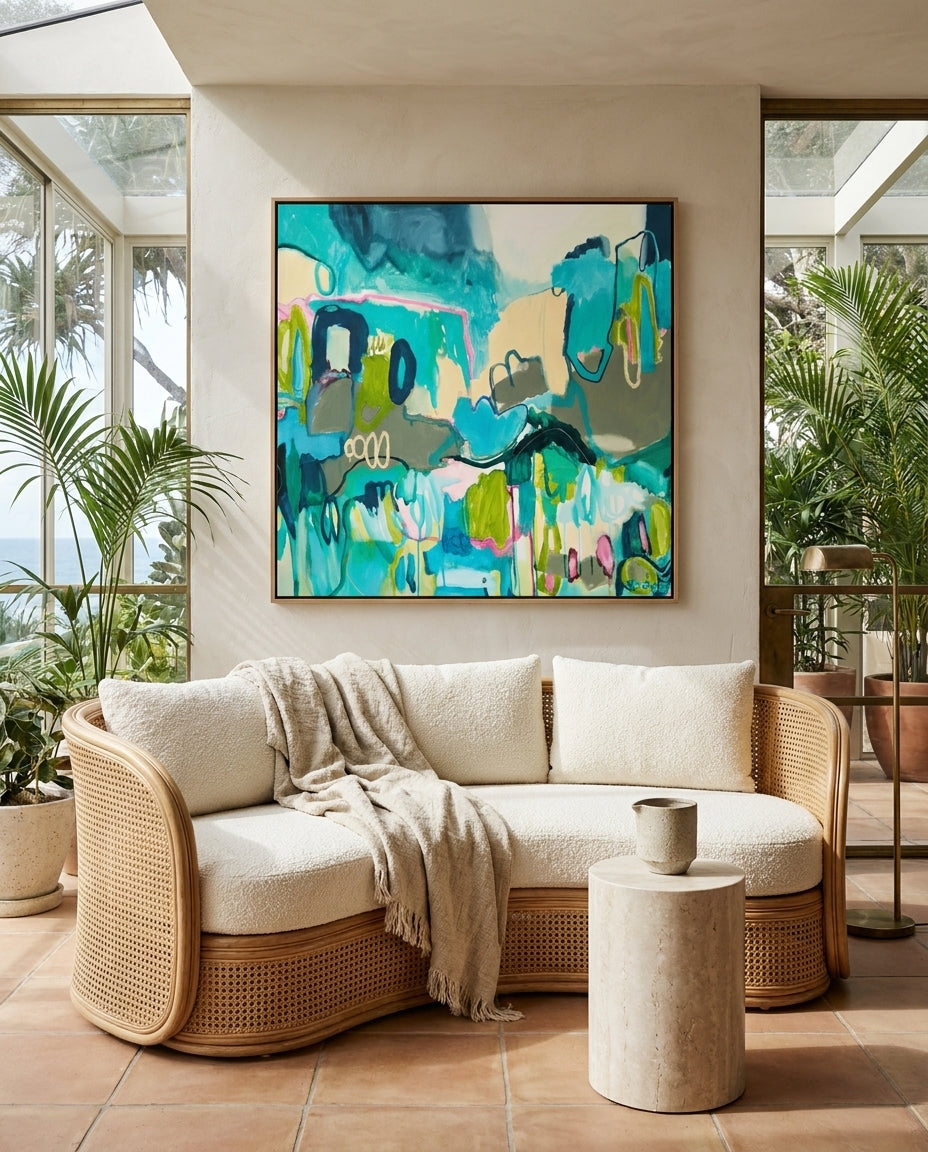 Bondi Blues by Belinda Stone Sydney Bondi canvas wall art in a solid timber canvas float frame with oak finish styled in a coastal Australian home at Olive et Oriel