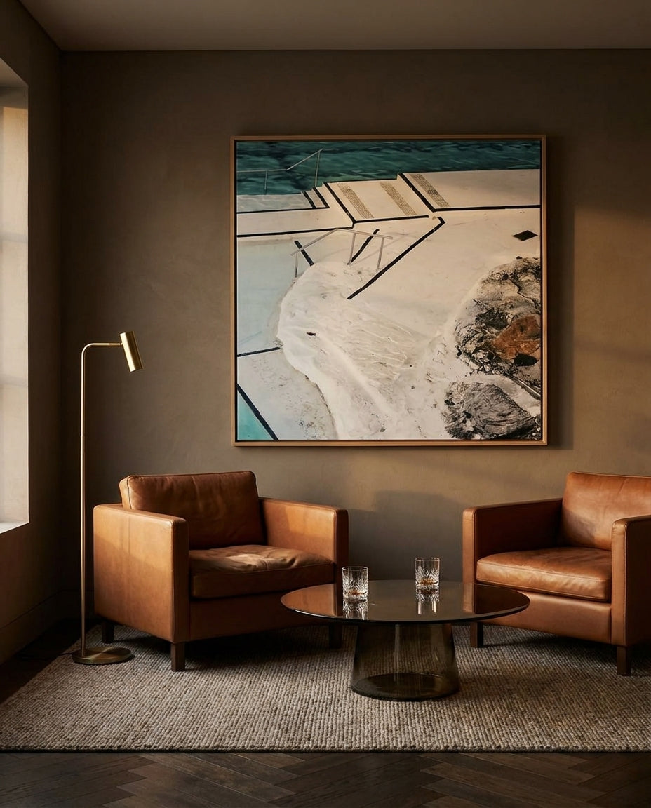 Bondi Etapes SQ Sydney Bondi canvas wall art in a solid timber canvas float frame with oak finish styled in a coastal Australian home at Olive et Oriel