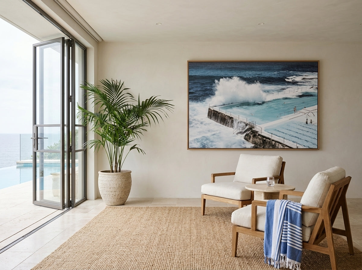 Bondi Icebergs Sydney Bondi canvas wall art in a solid timber canvas float frame with oak finish styled in a coastal Australian home at Olive et Oriel