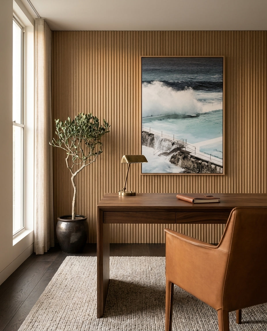 Bondi Icebergs Sydney Bondi canvas wall art in a solid timber canvas float frame with oak finish styled in a coastal Australian home at Olive et Oriel
