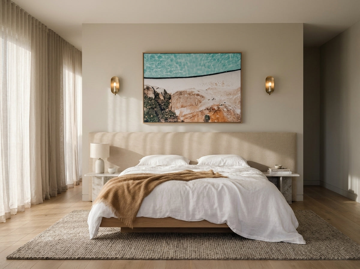 Bondi Icebergs In Bloom Sydney Bondi canvas wall art in a solid timber canvas float frame with oak finish styled in a coastal Australian home at Olive et Oriel