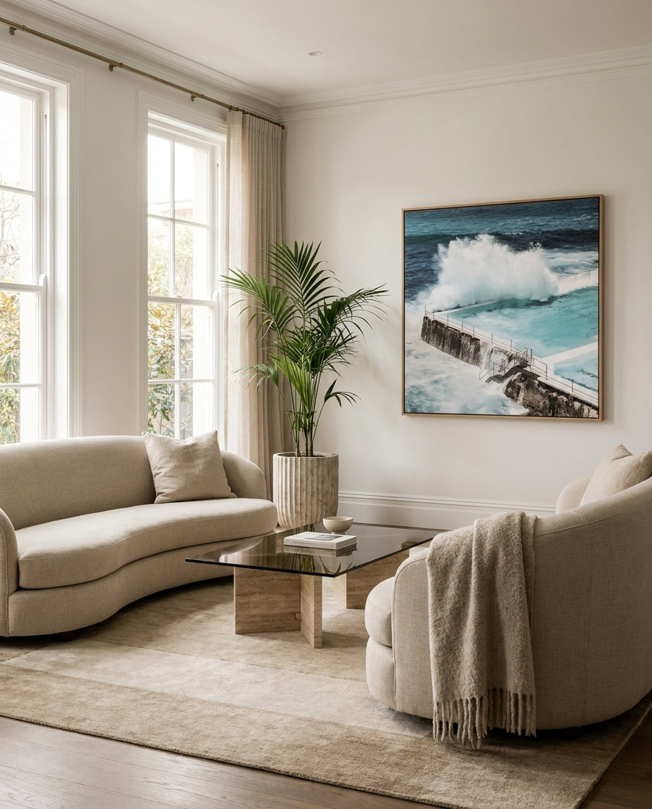 Bondi Icebergs SQ Sydney Bondi canvas wall art in a solid timber canvas float frame with oak finish styled in a coastal Australian home at Olive et Oriel