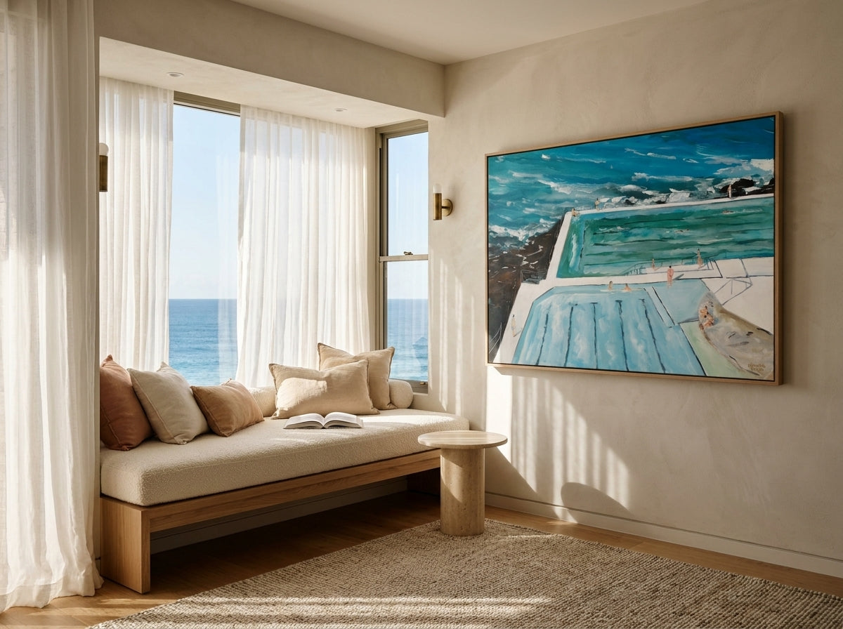 Bondi Icebergs Swim by Meredith Howse Sydney Bondi canvas wall art in a solid timber canvas float frame with oak finish styled in a coastal Australian home at Olive et Oriel