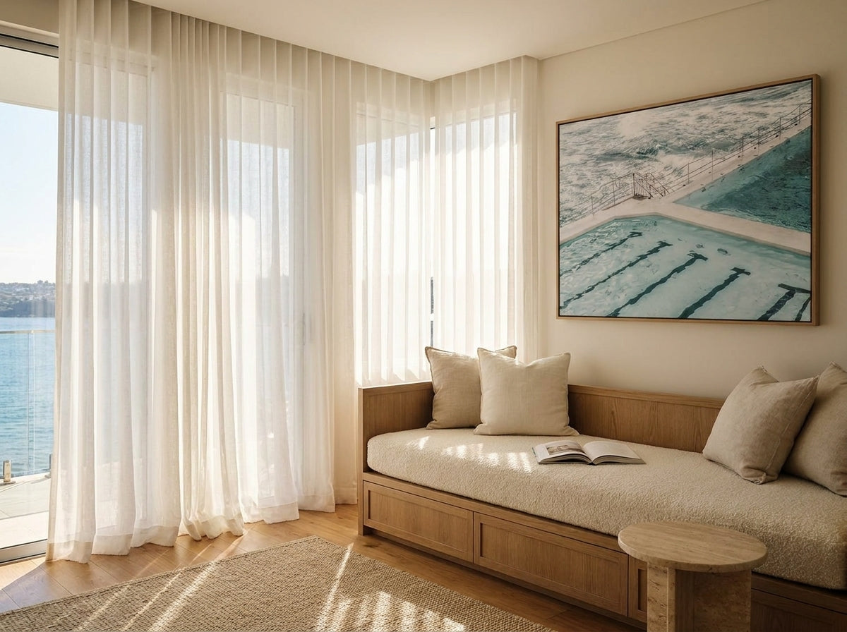Bondi In Blue Sydney Bondi canvas wall art in a solid timber canvas float frame with oak finish styled in a coastal Australian home at Olive et Oriel