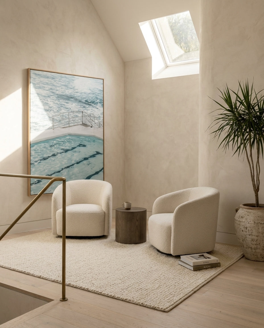 Bondi In Blue I Sydney Bondi canvas wall art in a solid timber canvas float frame with oak finish styled in a coastal Australian home at Olive et Oriel