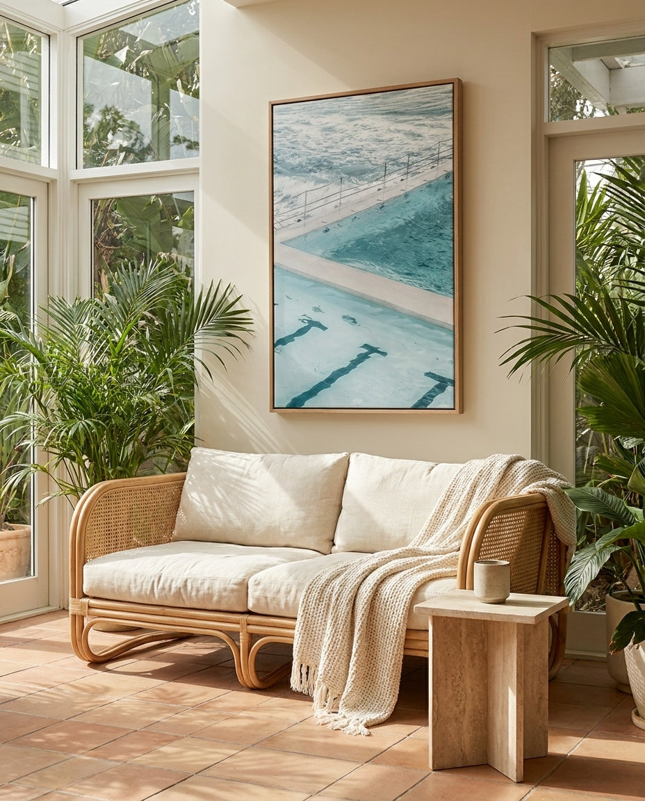 Bondi In Blue II Sydney Bondi canvas wall art in a solid timber canvas float frame with oak finish styled in a coastal Australian home at Olive et Oriel