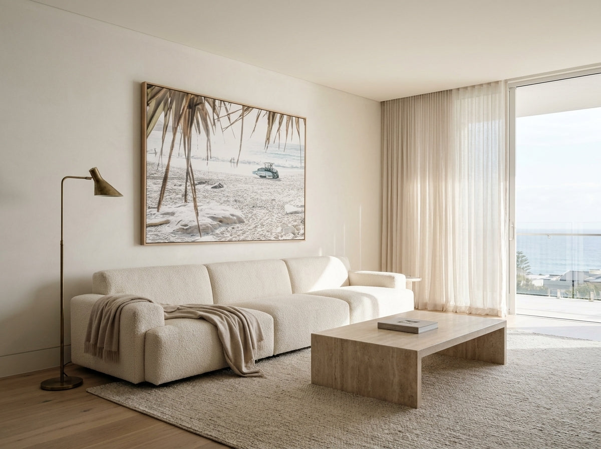 Bondi Lifeguard Sydney Bondi canvas wall art in a solid timber canvas float frame with oak finish styled in a coastal Australian home at Olive et Oriel