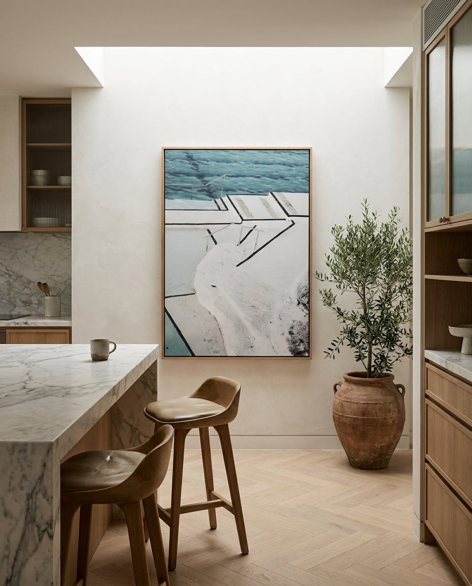 Bondi Pool View Sydney Bondi canvas wall art in a solid timber canvas float frame with oak finish styled in a coastal Australian home at Olive et Oriel