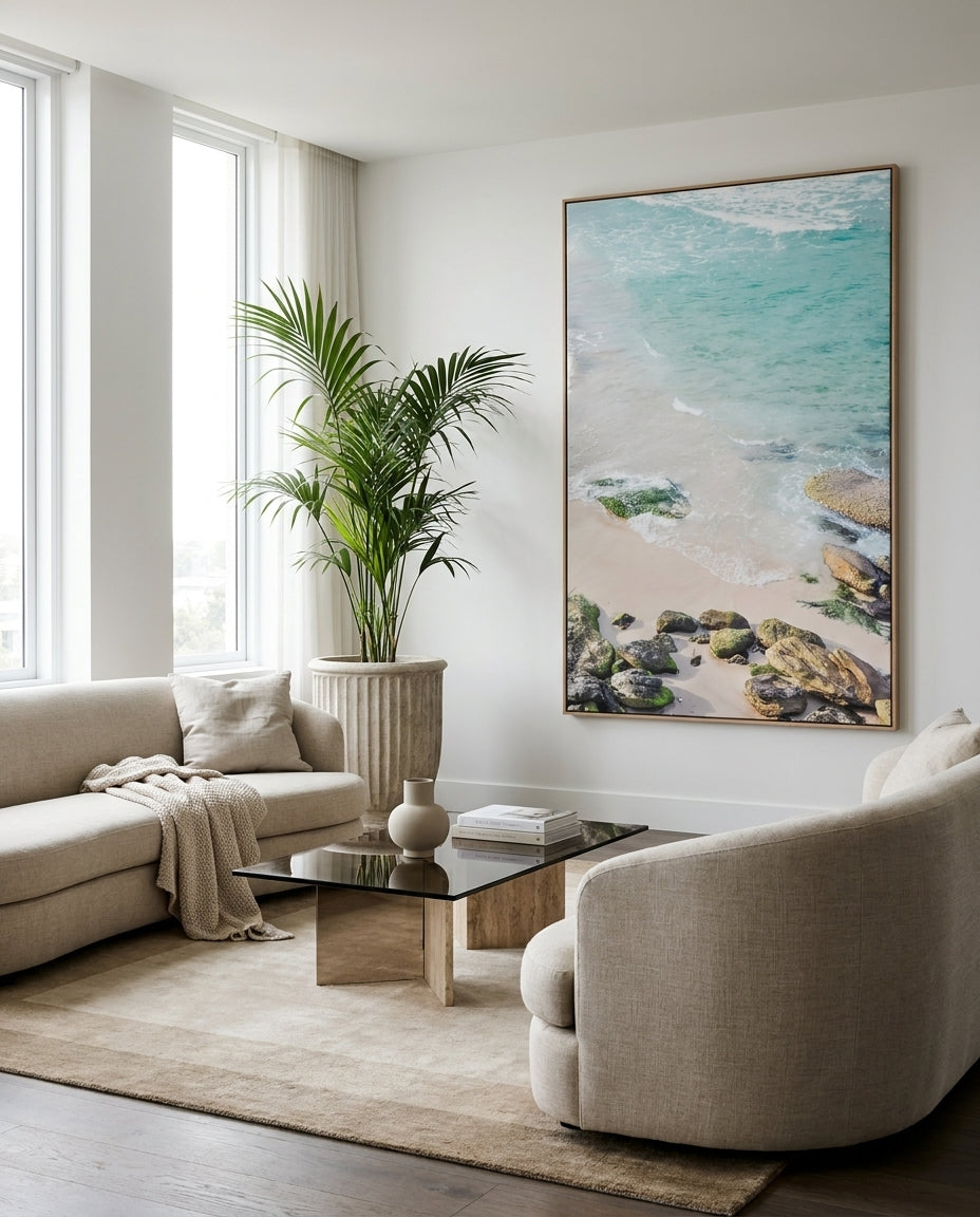 Bondi Rocks Sydney Bondi canvas wall art in a solid timber canvas float frame with oak finish styled in a coastal Australian home at Olive et Oriel
