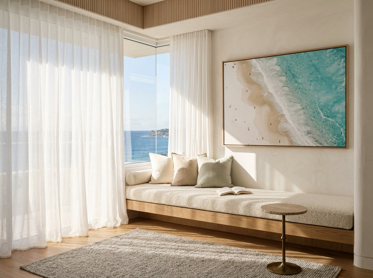Bondi Splits Sydney Bondi canvas wall art in a solid timber canvas float frame with oak finish styled in a coastal Australian home at Olive et Oriel