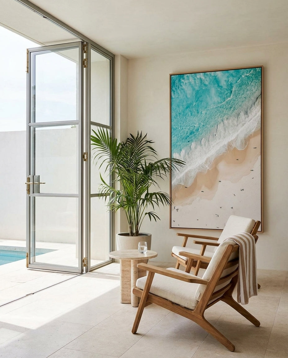 Bondi Splits Sydney Bondi canvas wall art in a solid timber canvas float frame with oak finish styled in a coastal Australian home at Olive et Oriel