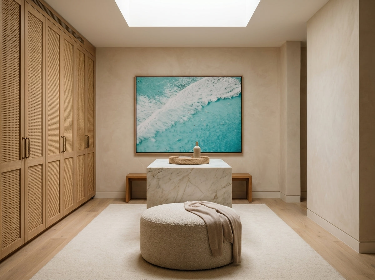 Bondi Surf Sydney Bondi canvas wall art in a solid timber canvas float frame with oak finish styled in a coastal Australian home at Olive et Oriel