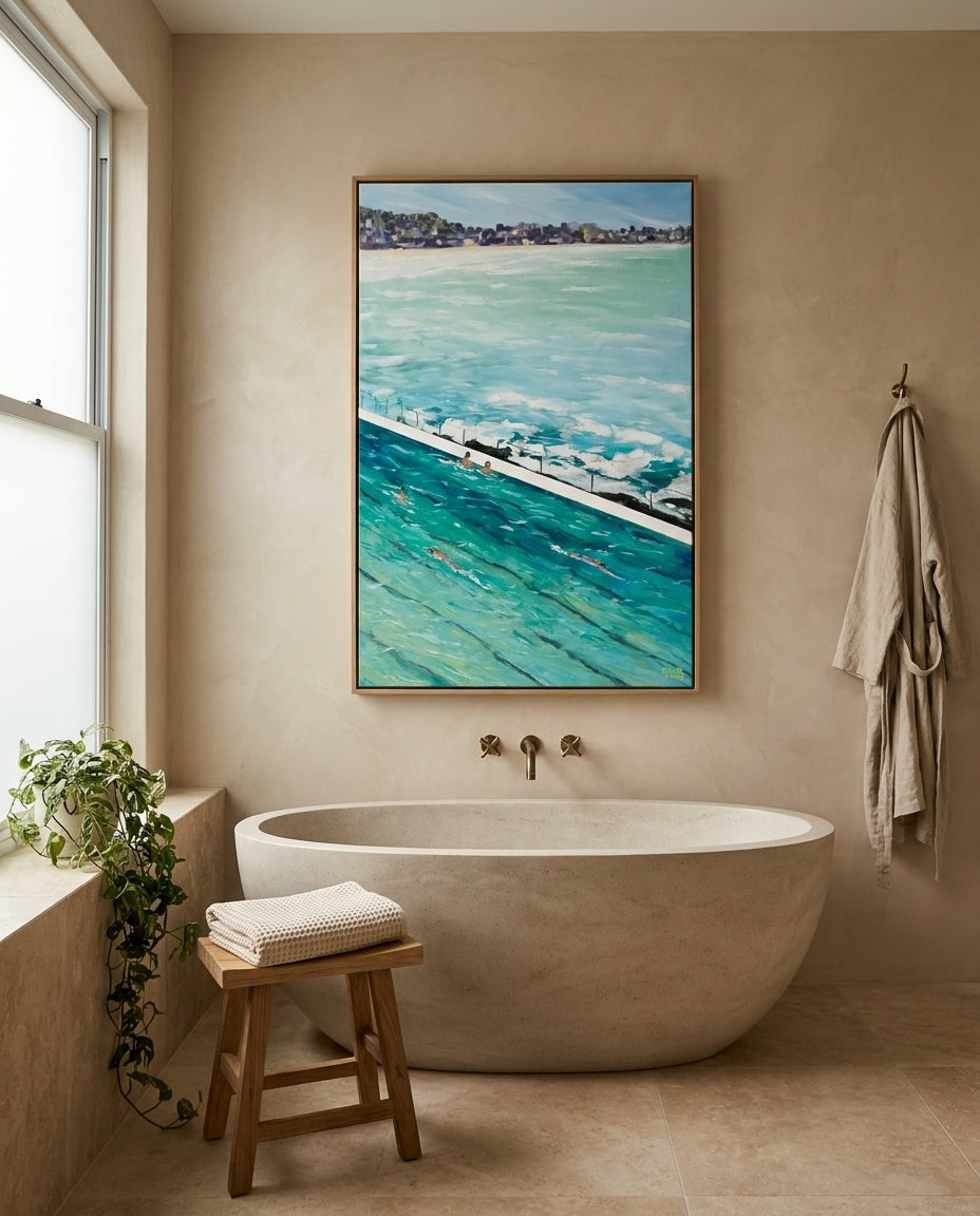 Bondi View by Meredith Howse Sydney Bondi canvas wall art in a solid timber canvas float frame with oak finish styled in a coastal Australian home at Olive et Oriel