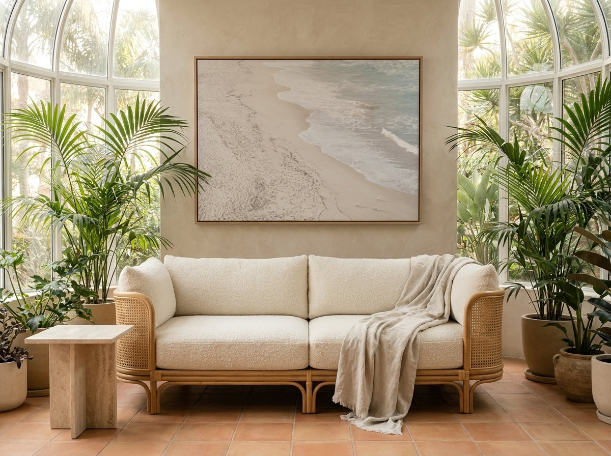 Bondi Walk Sydney Bondi canvas wall art in a solid timber canvas float frame with oak finish styled in a coastal Australian home at Olive et Oriel