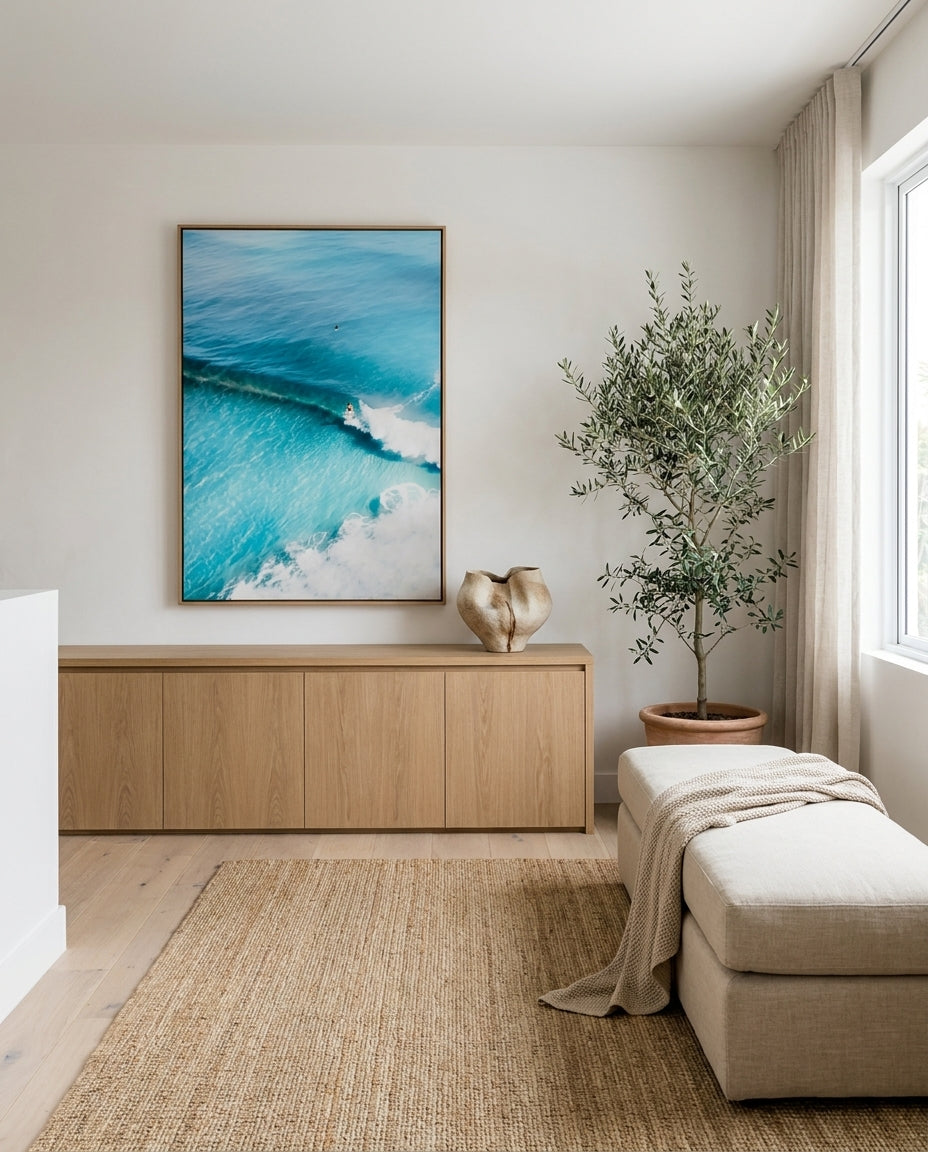Bondi Waves I Sydney Bondi canvas wall art in a solid timber canvas float frame with oak finish styled in a coastal Australian home at Olive et Oriel