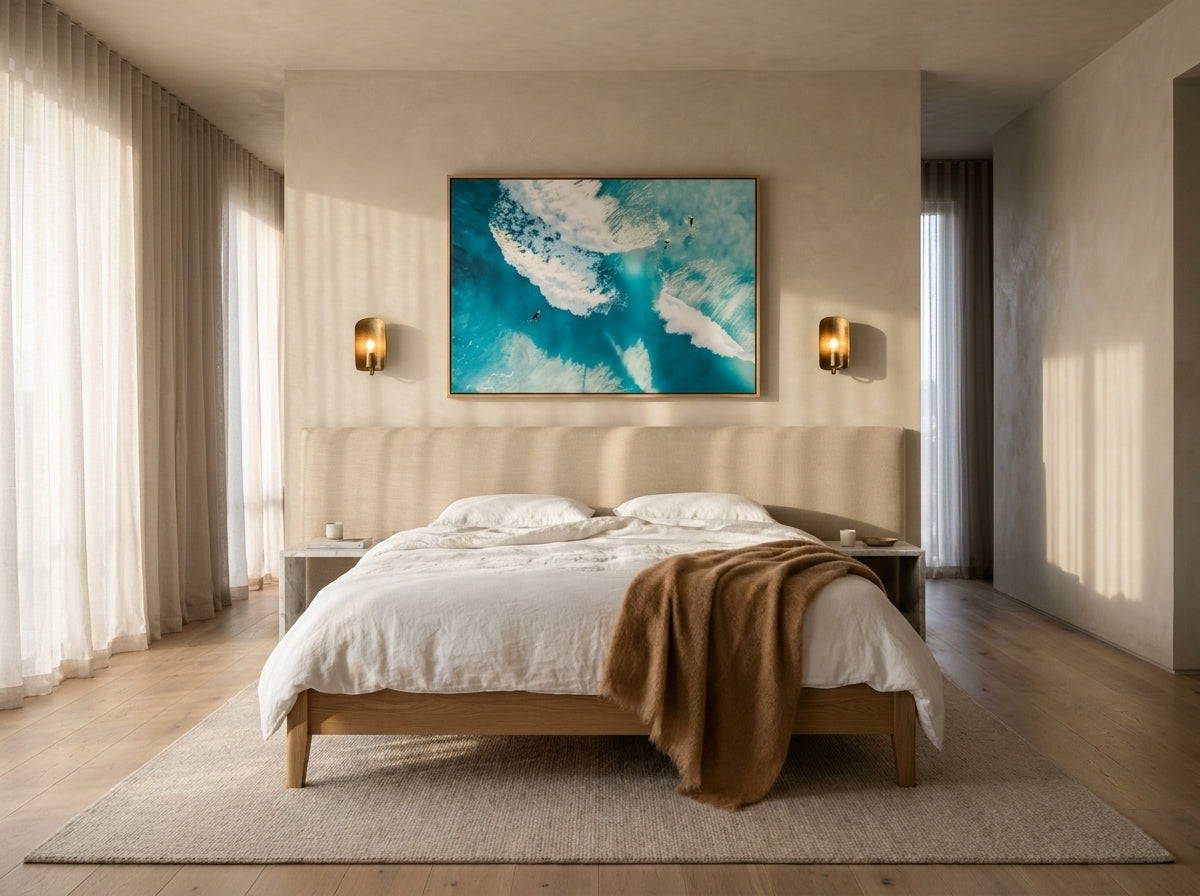 Bondi Waves II Sydney Bondi canvas wall art in a solid timber canvas float frame with oak finish styled in a coastal Australian home at Olive et Oriel