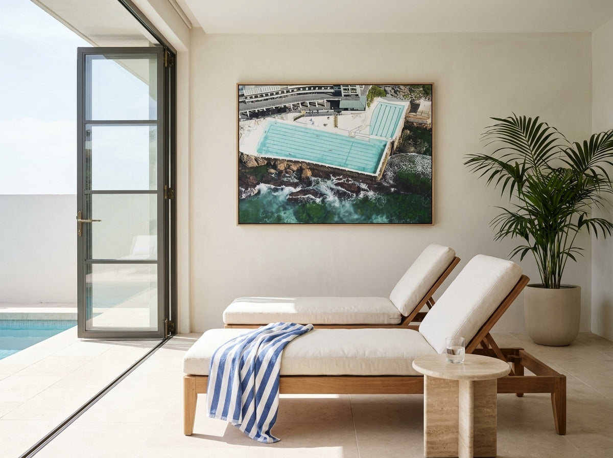 Icebergs from Above, Bondi Sydney Bondi canvas wall art in a solid timber canvas float frame with oak finish styled in a coastal Australian home at Olive et Oriel
