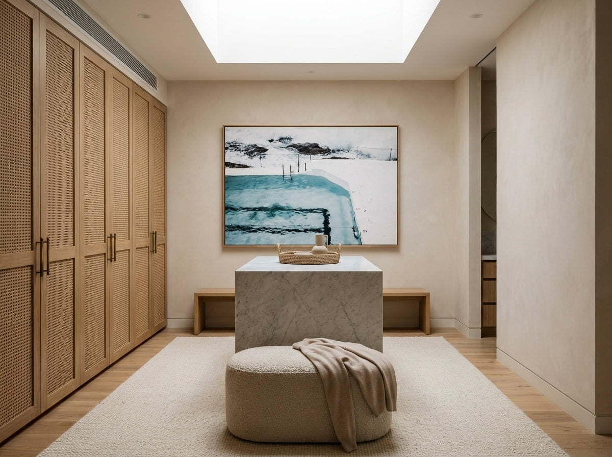 Icey Bergs Sydney Bondi canvas wall art in a solid timber canvas float frame with oak finish styled in a coastal Australian home at Olive et Oriel