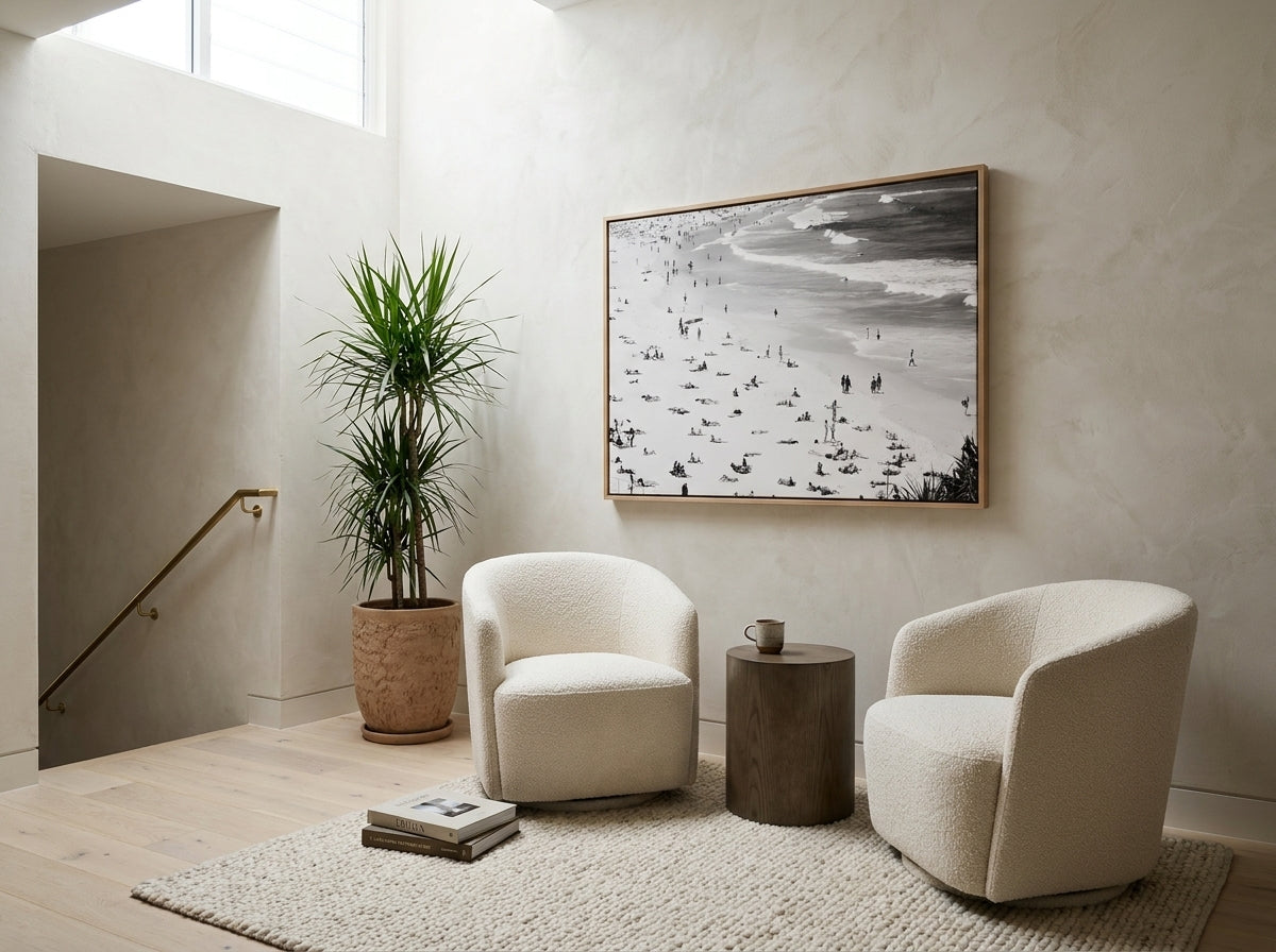 Iconic Bondi B&W Sydney Bondi canvas wall art in a solid timber canvas float frame with oak finish styled in a coastal Australian home at Olive et Oriel