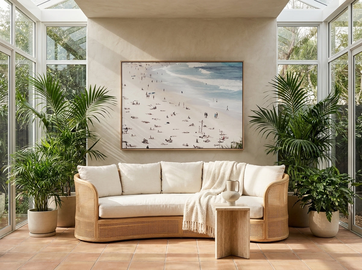 Iconic Bondi Colour Sydney Bondi canvas wall art in a solid timber canvas float frame with oak finish styled in a coastal Australian home at Olive et Oriel
