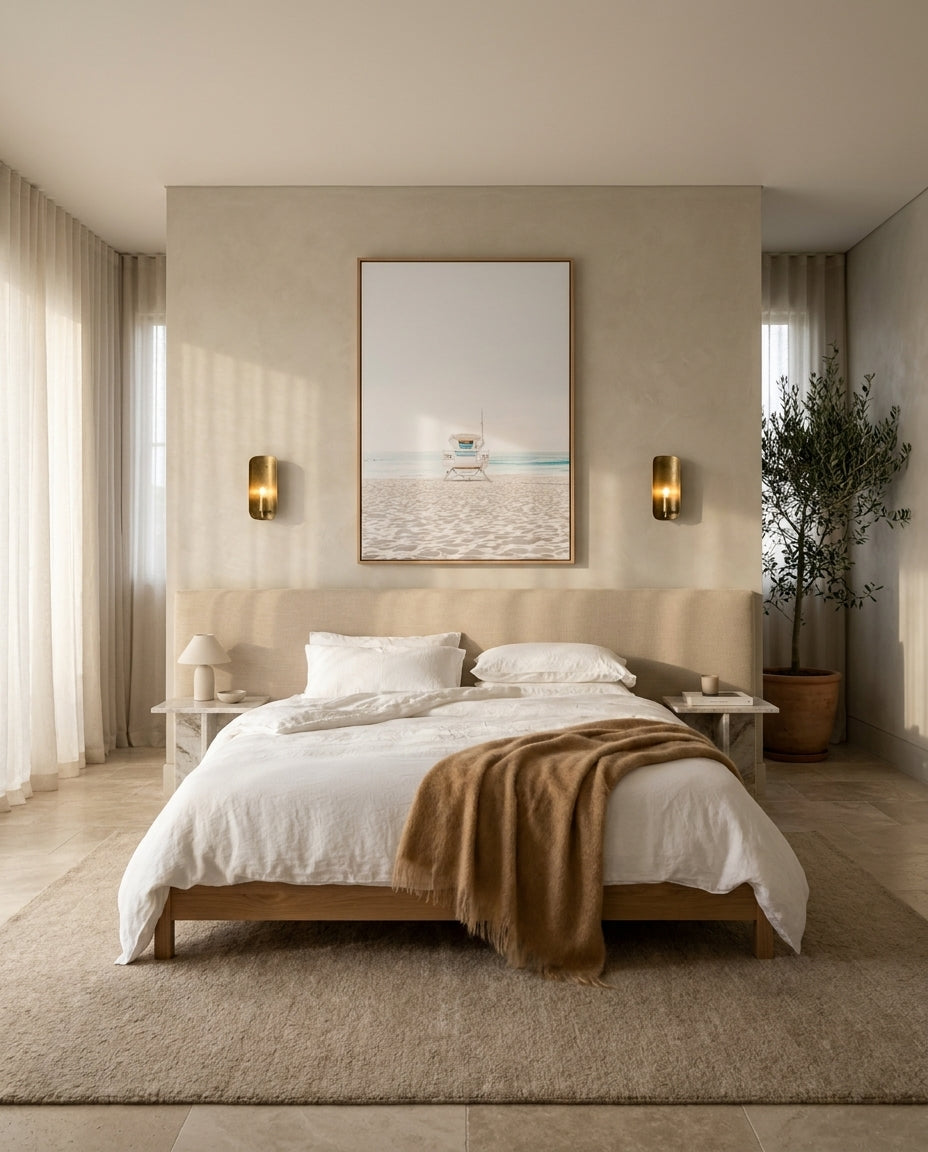 Lifeguard Tower, Bondi PT Sydney Bondi canvas wall art in a solid timber canvas float frame with oak finish styled in a coastal Australian home at Olive et Oriel
