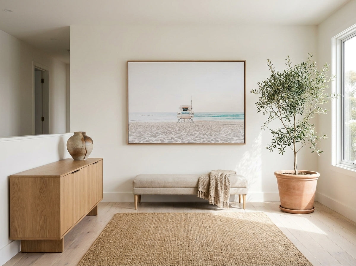 Lifeguard Tower Sydney Bondi canvas wall art in a solid timber canvas float frame with oak finish styled in a coastal Australian home at Olive et Oriel
