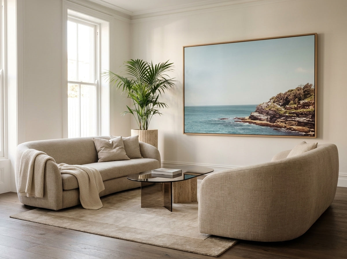 Mackenzies Point Sydney Bondi canvas wall art in a solid timber canvas float frame with oak finish styled in a coastal Australian home at Olive et Oriel