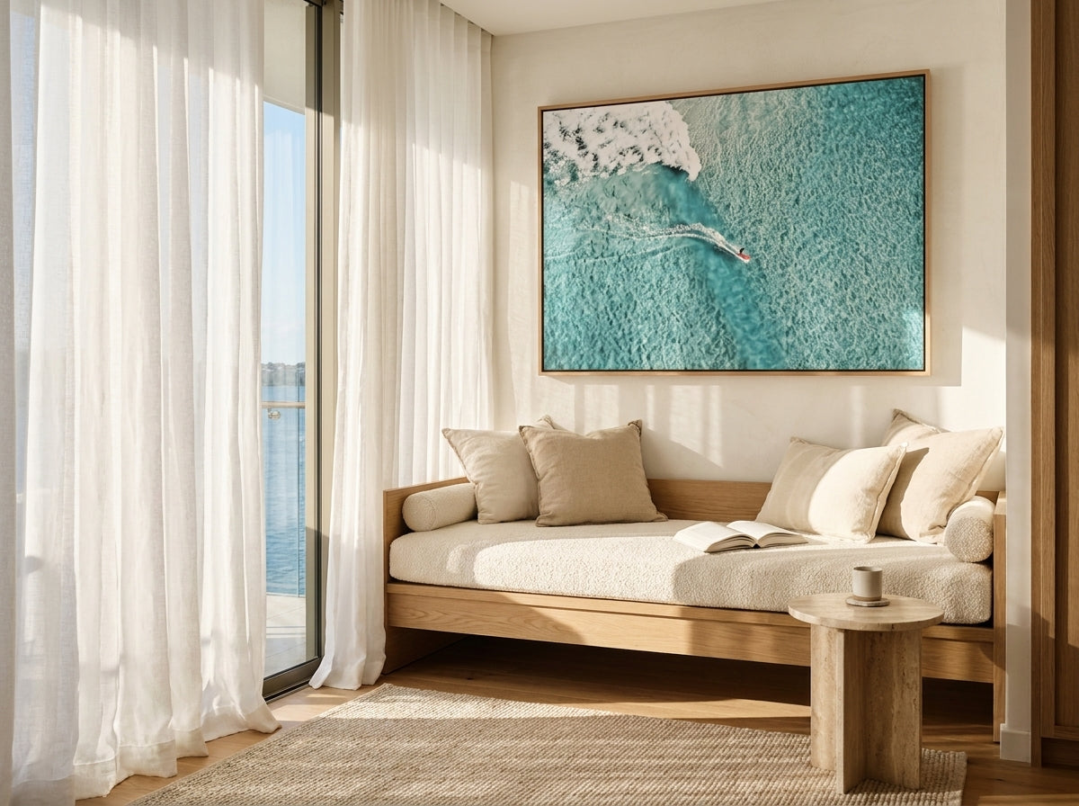 Mal Rider, Bondi Sydney Bondi canvas wall art in a solid timber canvas float frame with oak finish styled in a coastal Australian home at Olive et Oriel