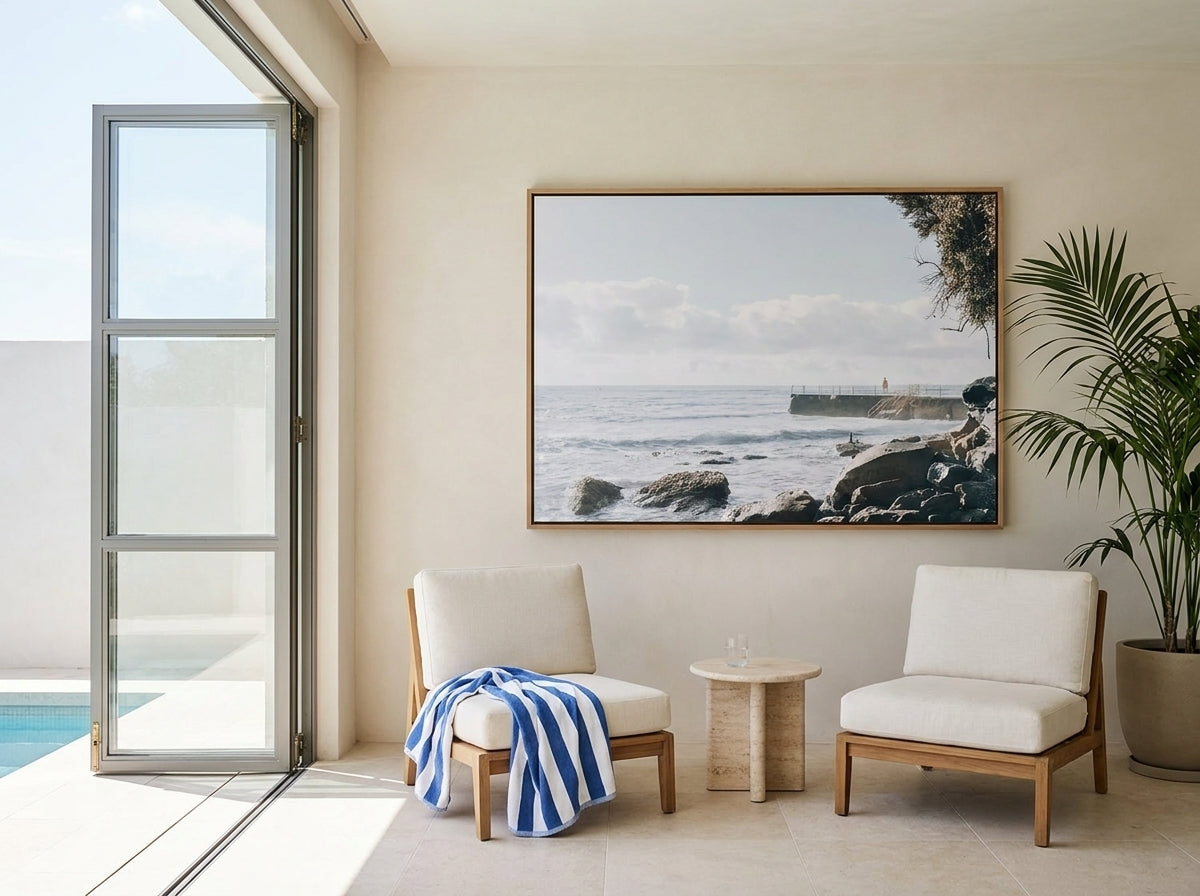 Morning Mist Sydney Bondi canvas wall art in a solid timber canvas float frame with oak finish styled in a coastal Australian home at Olive et Oriel