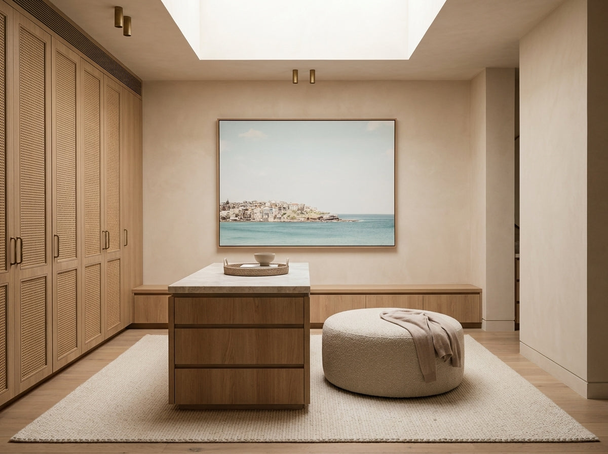 North Bondi Headland Sydney Bondi canvas wall art in a solid timber canvas float frame with oak finish styled in a coastal Australian home at Olive et Oriel