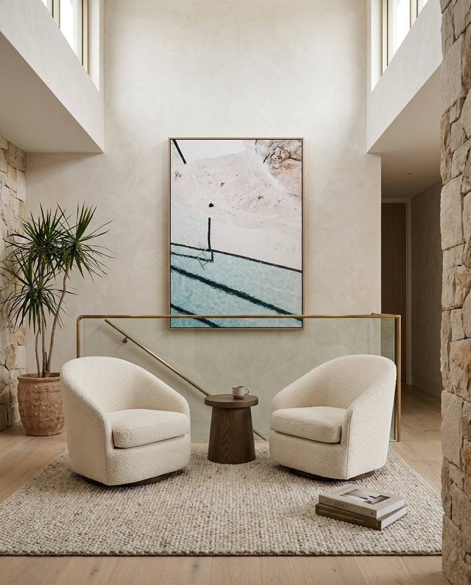 Quick Dip Sydney Bondi canvas wall art in a solid timber canvas float frame with oak finish styled in a coastal Australian home at Olive et Oriel