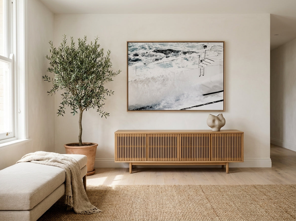 Refill, Icebergs Bondi Sydney Bondi canvas wall art in a solid timber canvas float frame with oak finish styled in a coastal Australian home at Olive et Oriel