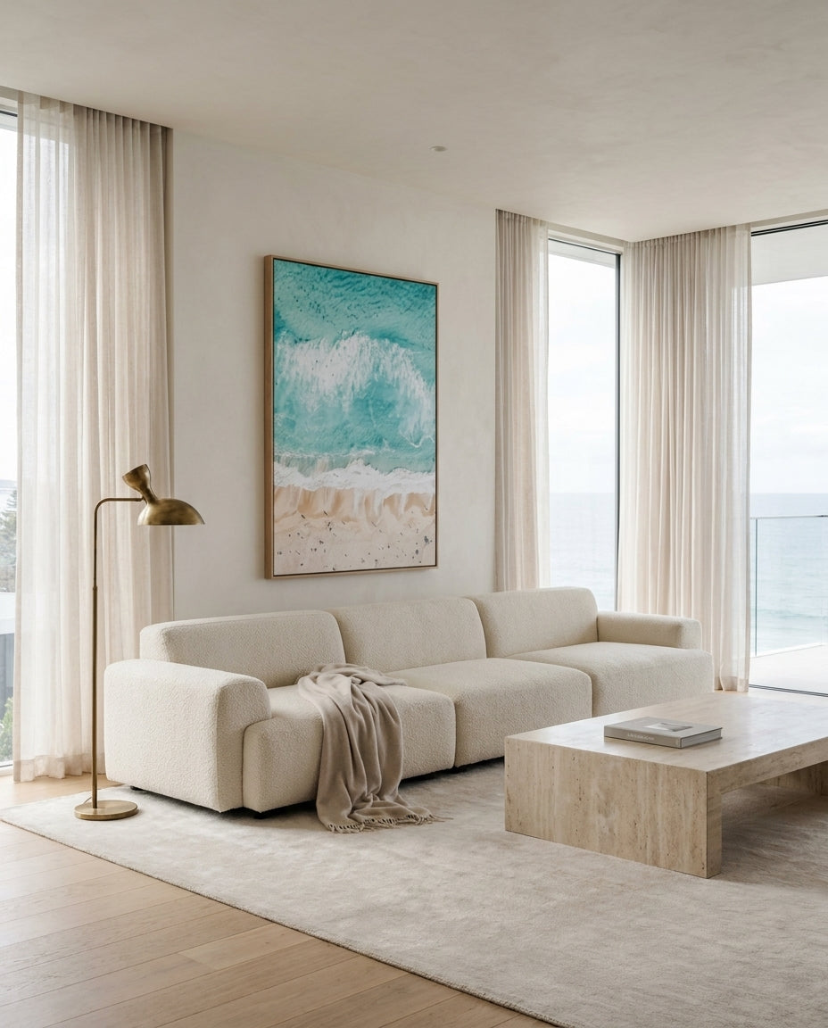 Sand to Sea Bondi Sydney Bondi canvas wall art in a solid timber canvas float frame with oak finish styled in a coastal Australian home at Olive et Oriel