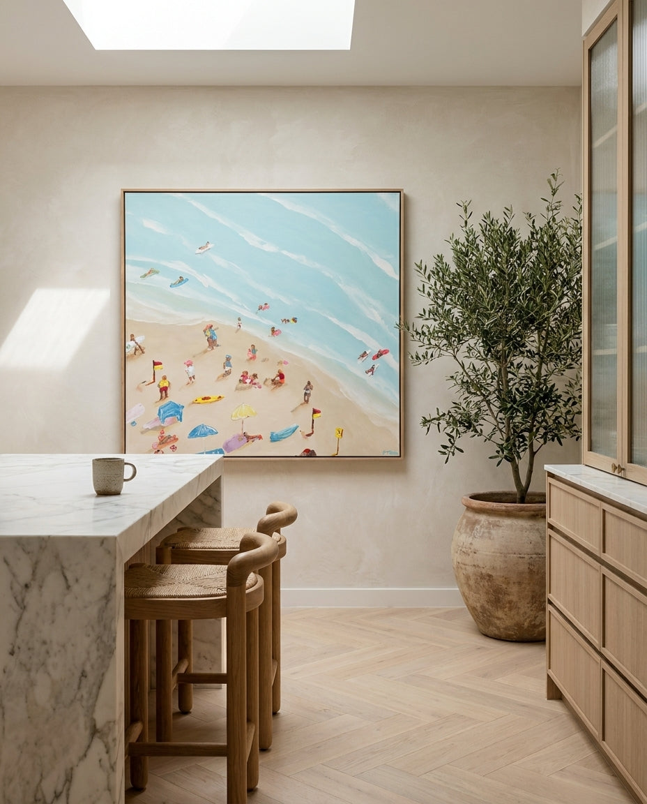 Summer in Bondi by Belinda Stone Sydney Bondi canvas wall art in a solid timber canvas float frame with oak finish styled in a coastal Australian home at Olive et Oriel