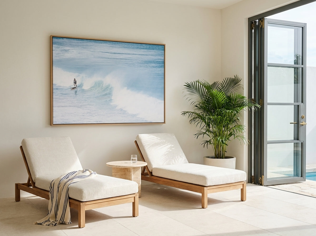 Surf's Up, Bondi Sydney Bondi canvas wall art in a solid timber canvas float frame with oak finish styled in a coastal Australian home at Olive et Oriel