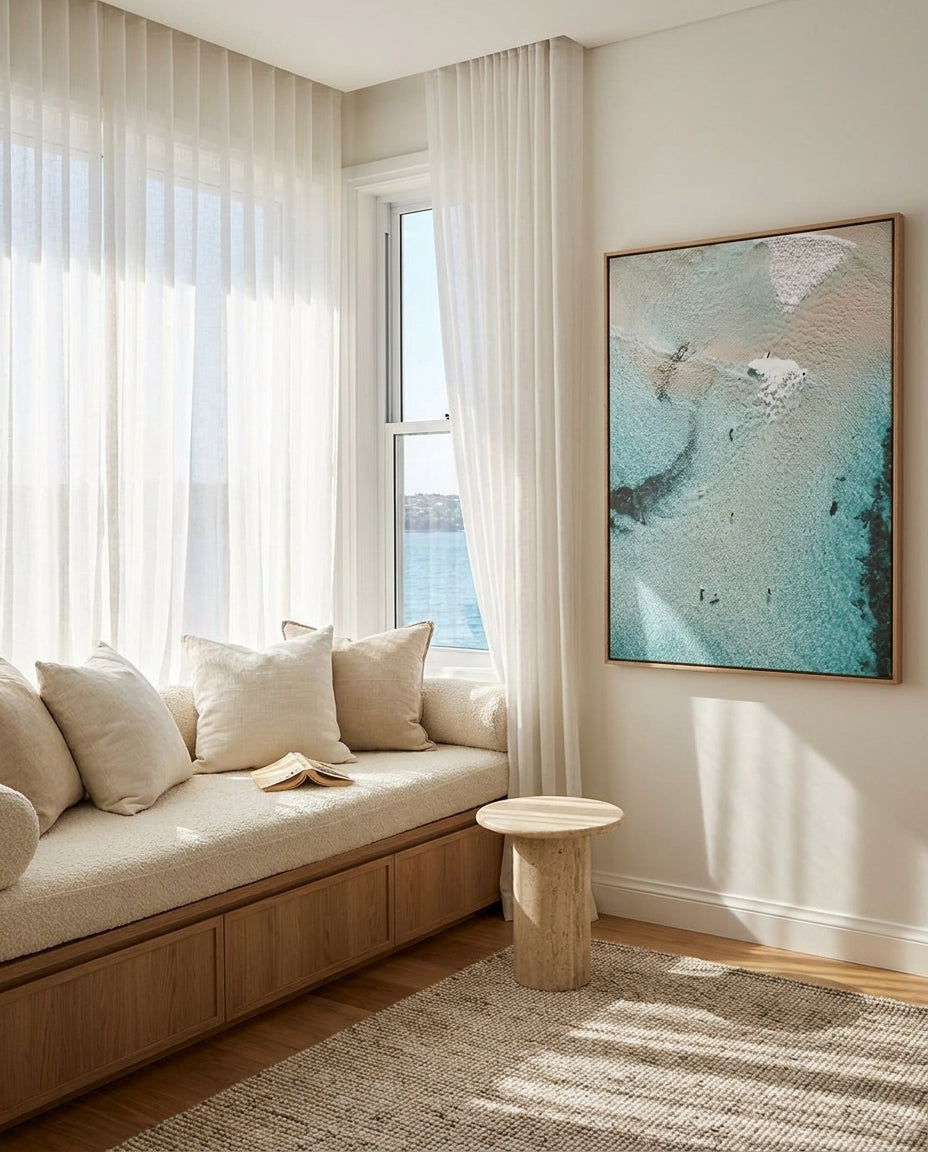Surf & Swim, Bondi Sydney Bondi canvas wall art in a solid timber canvas float frame with oak finish styled in a coastal Australian home at Olive et Oriel