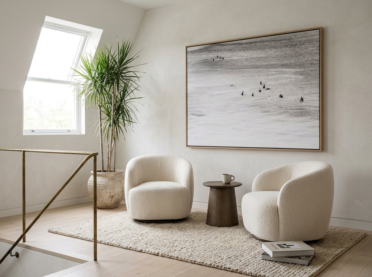 The Wait Sydney Bondi canvas wall art in a solid timber canvas float frame with oak finish styled in a coastal Australian home at Olive et Oriel
