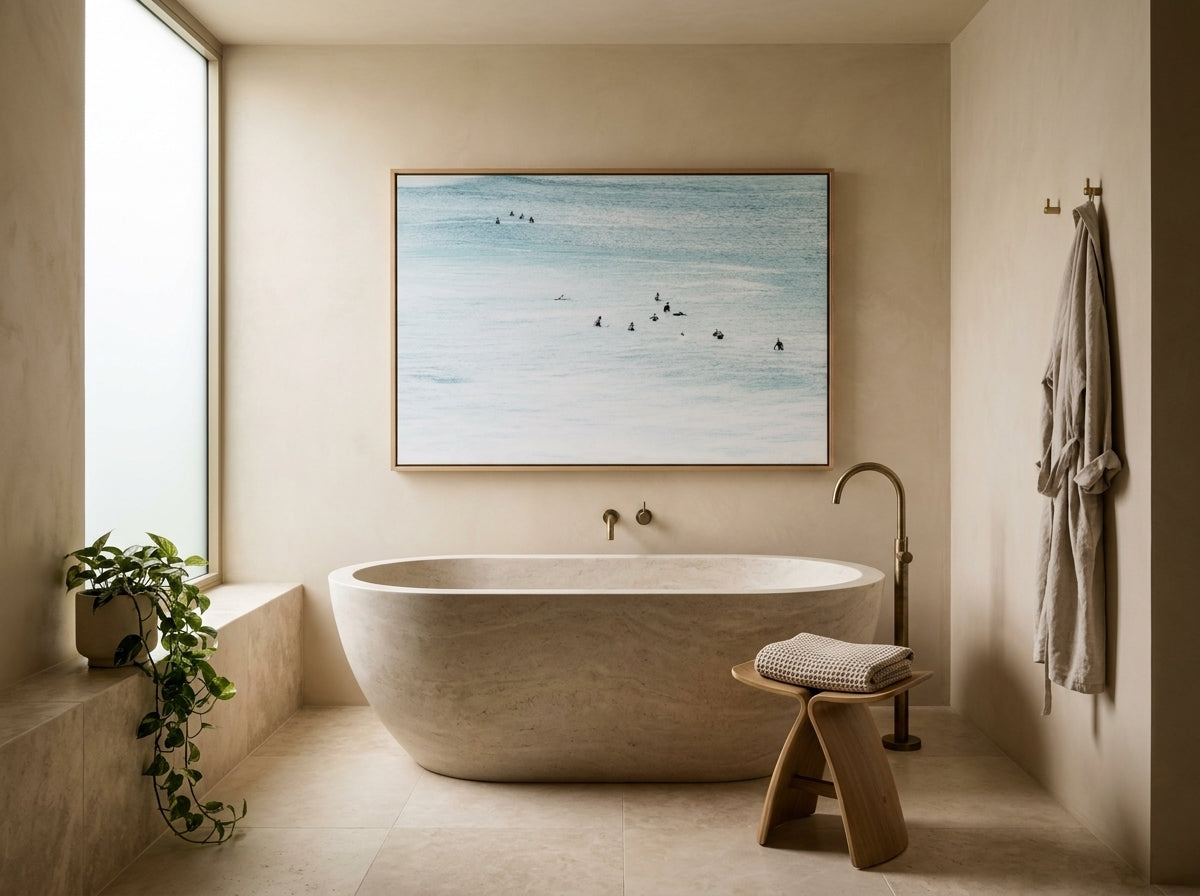 The Wait Sydney Bondi canvas wall art in a solid timber canvas float frame with oak finish styled in a coastal Australian home at Olive et Oriel